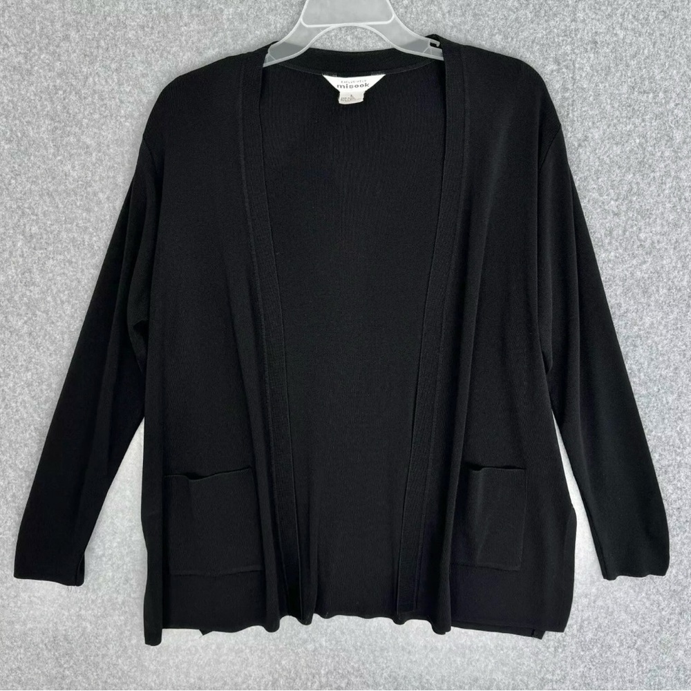 Exclusively Misook Cardigan Sweater Womens Large Black Open Front Classic READ